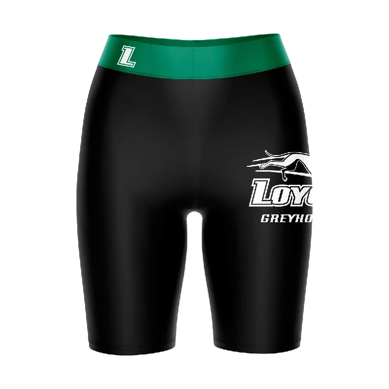 Loyola Maryland Greyhounds Game Day Logo on Thigh and Waistband Black and Green Womens Bike Shorts by Vive La Fete