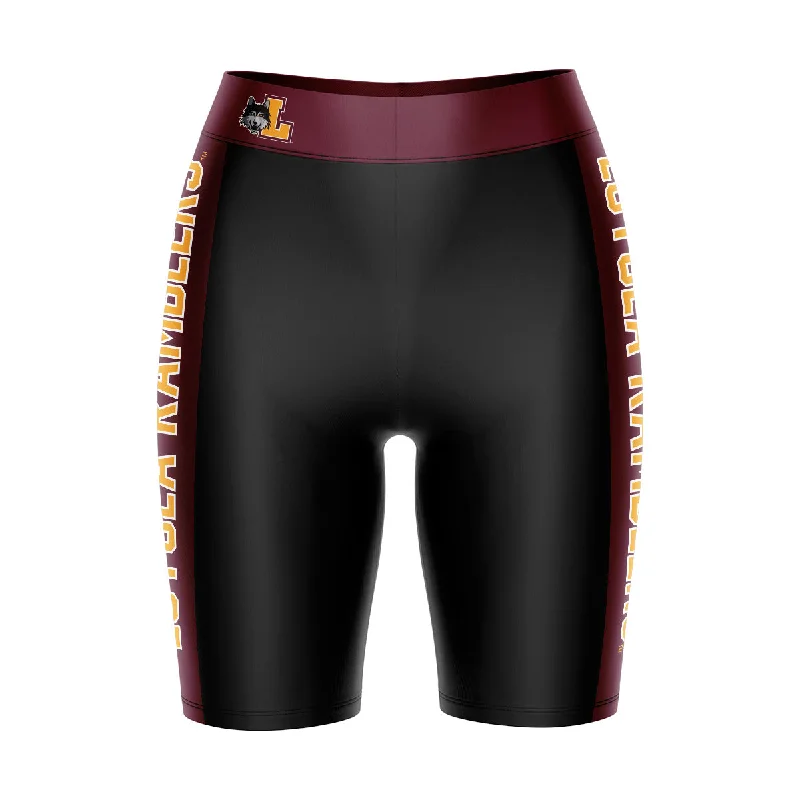 Loyola Ramblers LUC Game Day Logo on Waistband and Maroon Stripes Black Womens Bike Shorts by Vive La Fete