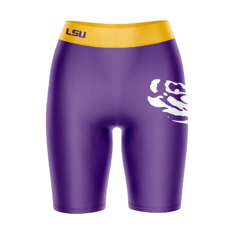 LSU Tigers Game Day Logo on Thigh and Waistband Purple and Gold Womens Bike Shorts by Vive La Fete