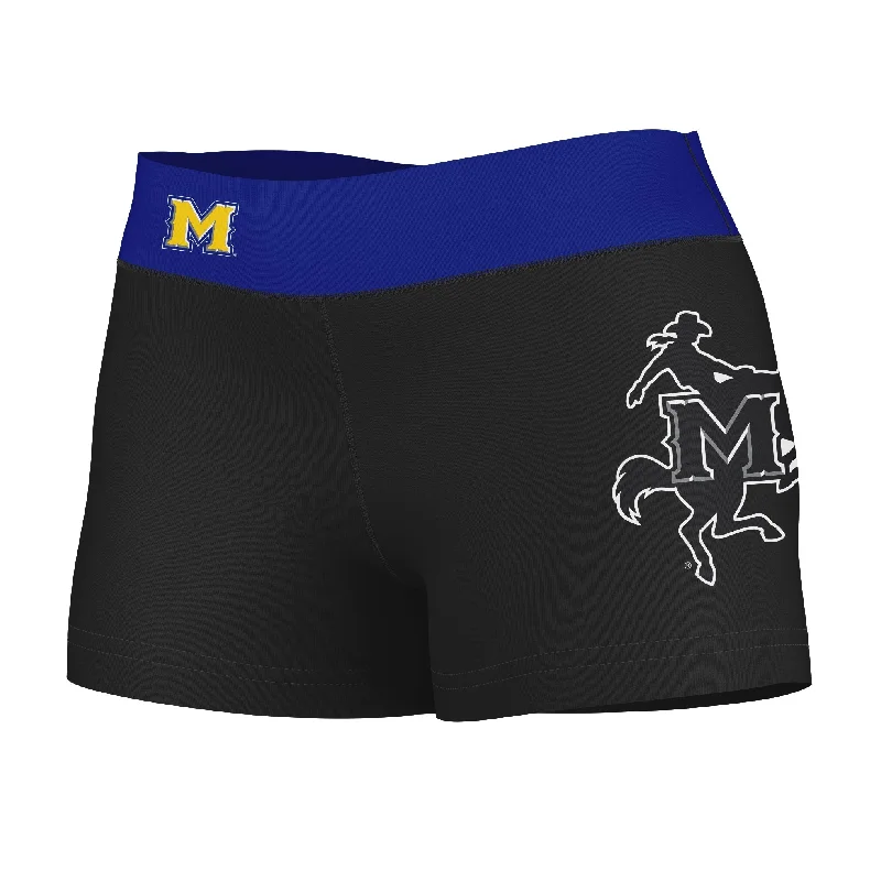 McNeese State Cowboys Logo on Thigh & Waistband Black & Blue Womens Yoga Booty Workout Shorts by Vive La Fete