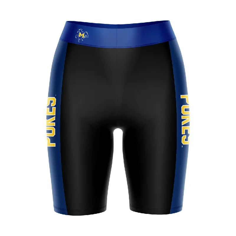 McNeese State Cowboys Game Day Logo on Waistband and Blue Stripes Black Womens Bike Shorts by Vive La Fete