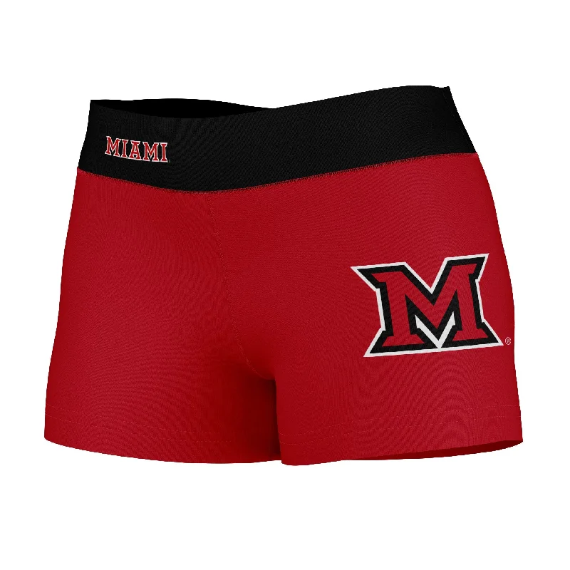 Miami Ohio RedHawks Logo on Thigh & Waistband Red Black Womens Yoga Booty Workout Shorts by Vive La Fete