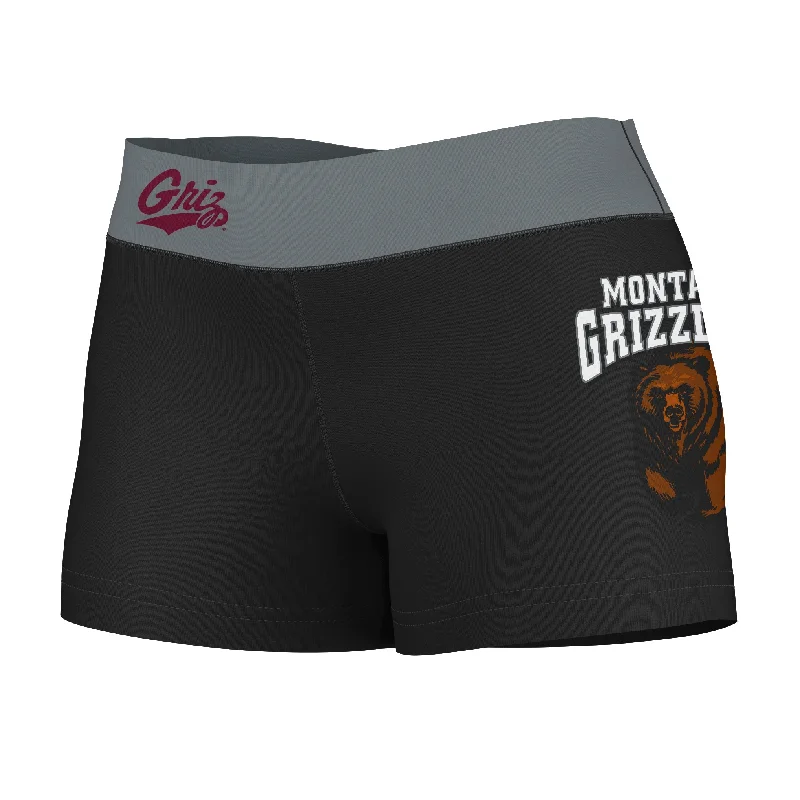 Montana Grizzlies UMT Logo on Thigh & Waistband Black & Gray Womens Yoga Booty Workout Shorts by Vive La Fete