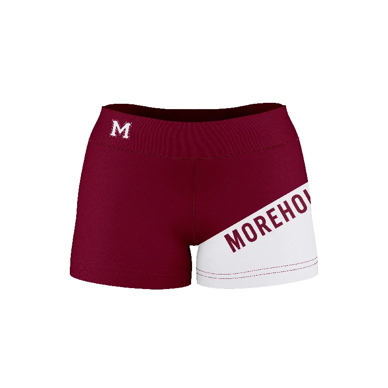 Morehouse Maroon Tigers Game Day Collegiate Leg Color Block Maroon White Optimum Womens Yoga Shorts by Vive La Fete