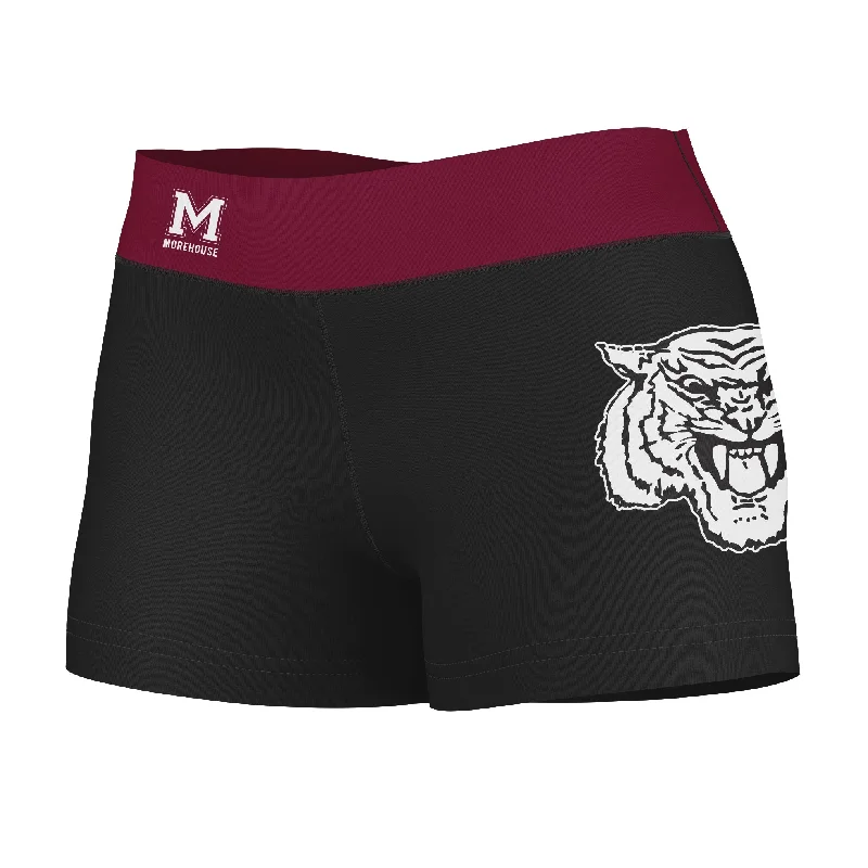 Morehouse Maroon Tigers Logo on Thigh & Waistband Black Maroon Womens Yoga Booty Workout Shorts by Vive La Fete