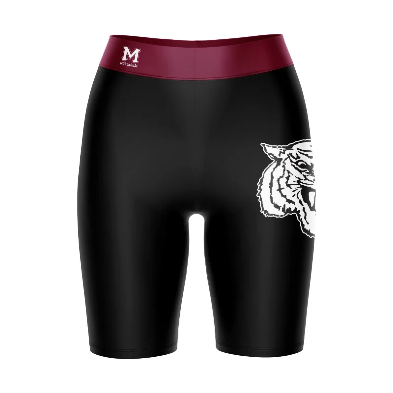 Morehouse Maroon Tigers Game Day Logo on Thigh and Waistband Black and Maroon Womens Bike Shorts by Vive La Fete