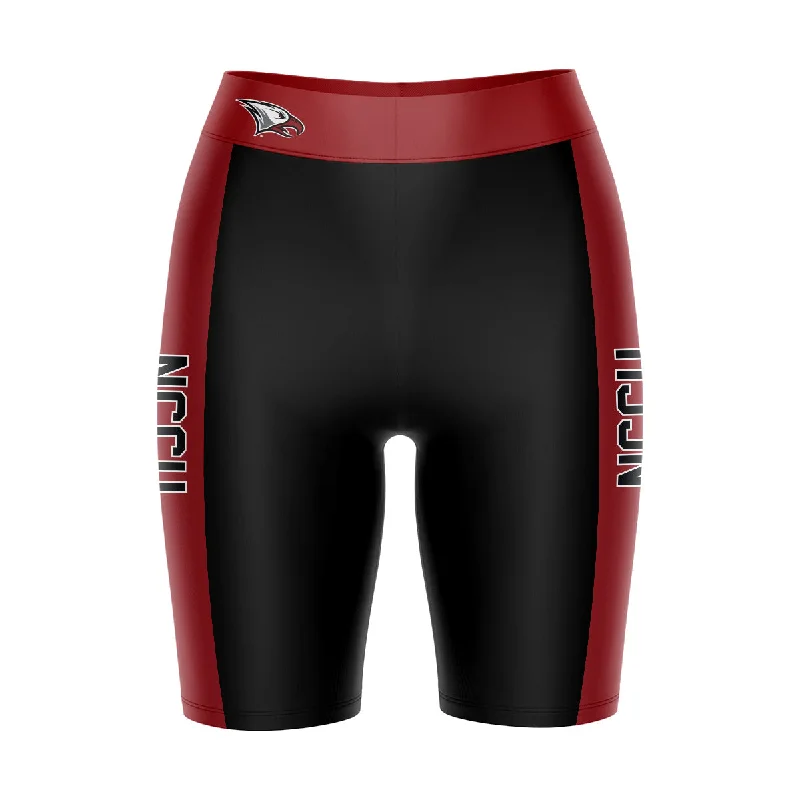 NCCU Eagles Game Day Logo on Waistband and Maroon Stripes Black Womens Bike Shorts by Vive La Fete