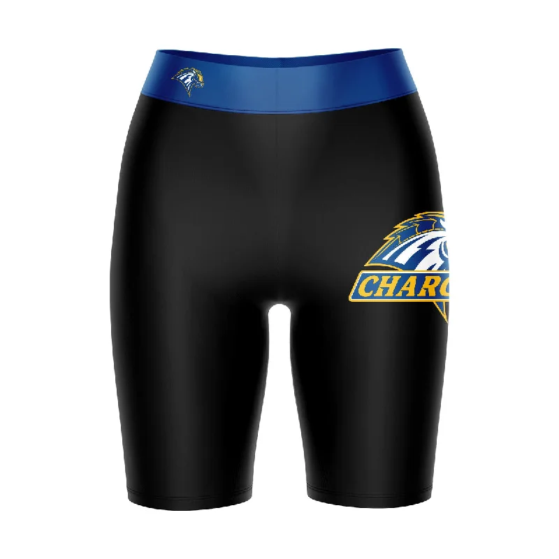 New Haven Chargers Game Day Logo on Thigh and Waistband Black and Blue Womens Bike Shorts by Vive La Fete