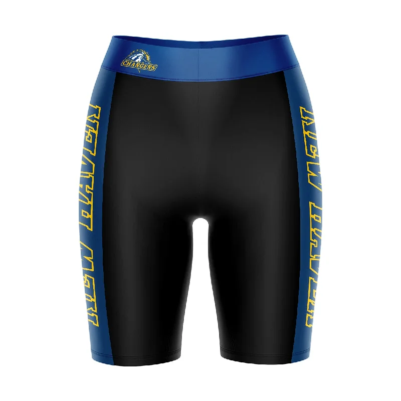 New Haven Chargers Game Day Logo on Waistband and Blue Stripes Black Womens Bike Shorts by Vive La Fete