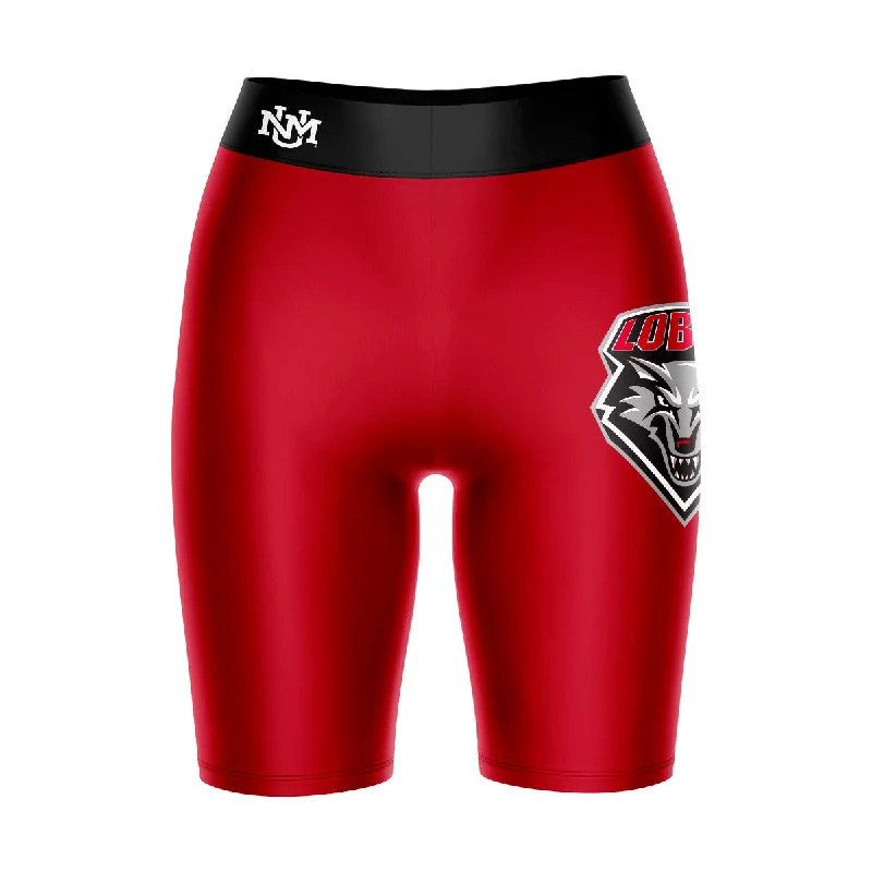 New Mexico Lobos Game Day Logo on Thigh and Waistband Red and Black Womens Bike Shorts by Vive La Fete