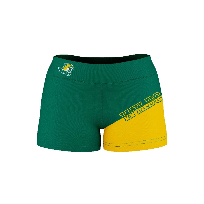 NMU Northern Michigan Wildcats Game Day Collegiate Leg Color Block Green Gold Optimum Womens Yoga Shorts by Vive La Fete