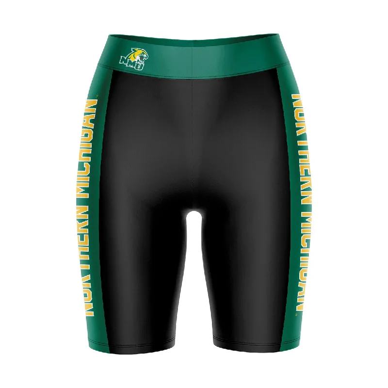 NMU Northern Michigan Wildcats Game Day Logo on Waistband and Green Stripes Black Womens Bike Shorts by Vive La Fete