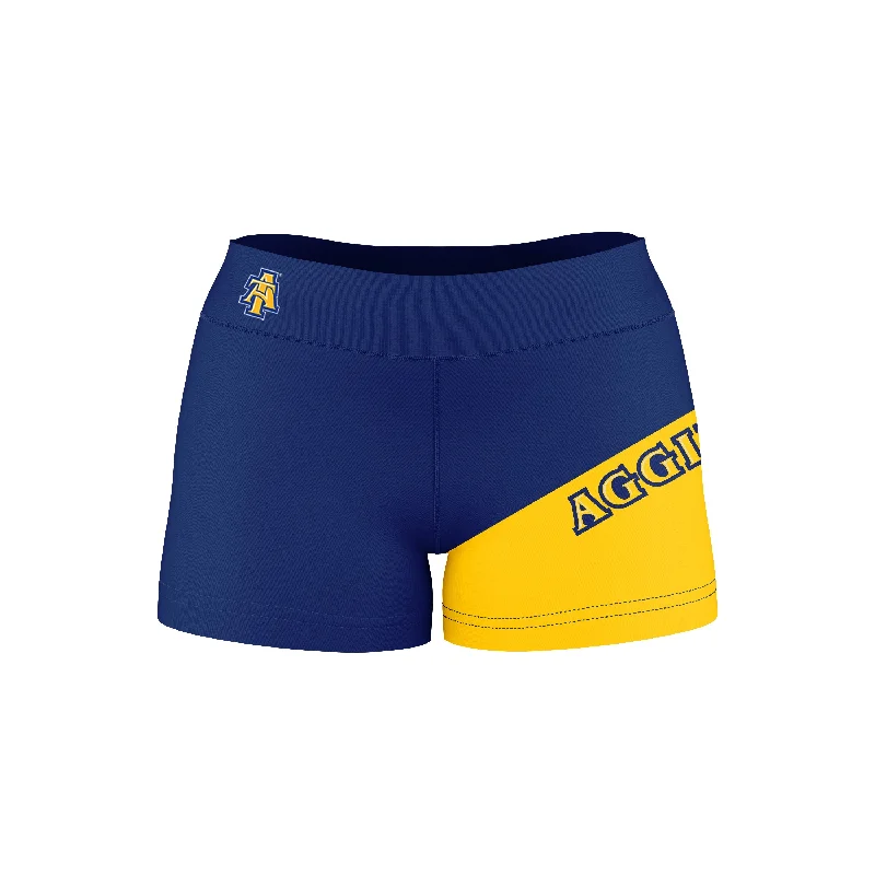 North Carolina A&T Aggies Game Day Collegiate Leg Color Block Blue Gold Optimum Womens Yoga Shorts by Vive La Fete