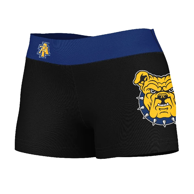 North Carolina A&T Aggies Logo on Thigh & Waistband Black Blue Womens Yoga Booty Workout Shorts by Vive La Fete