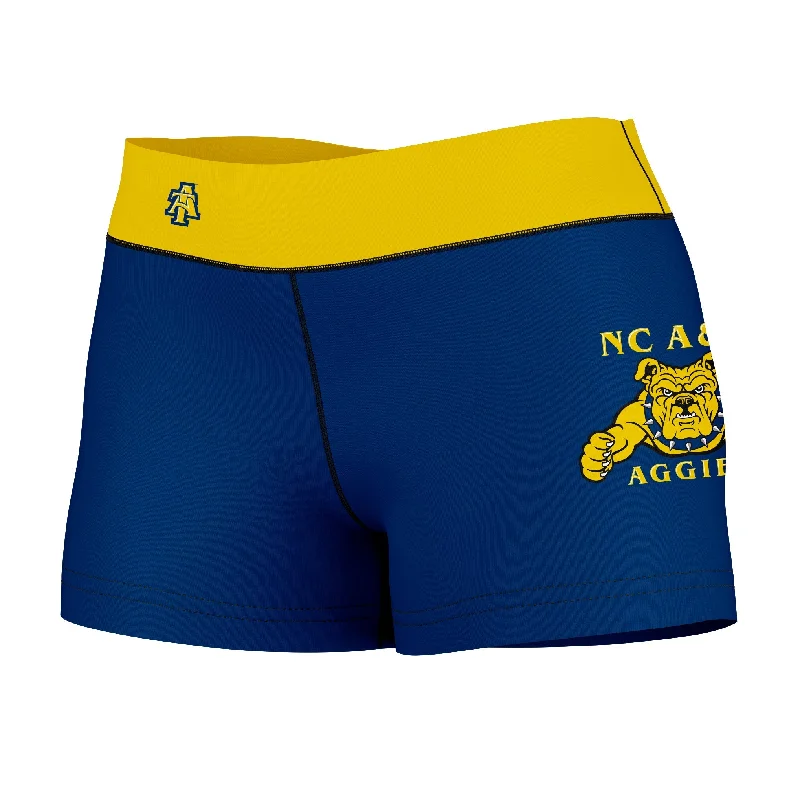 North Carolina A&T Aggies Logo on Thigh & Waistband Blue Gold Womens Yoga Booty Workout Shorts by Vive La Fete