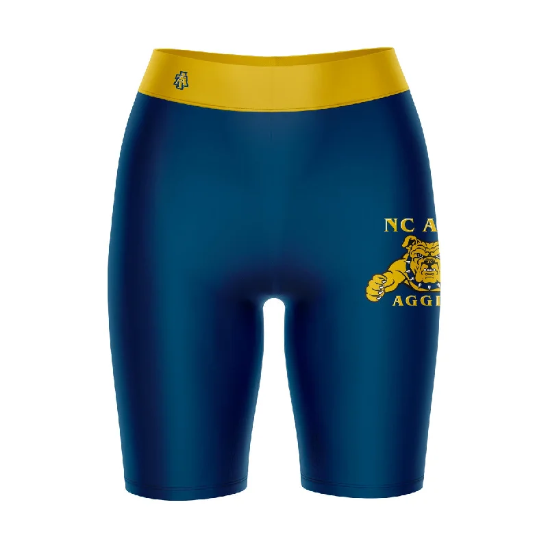 North Carolina A&T Aggies Game Day Logo on Thigh and Waistband Blue and Gold Womens Bike Shorts by Vive La Fete