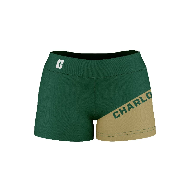 North Carolina at Charlotte 49ers Game Day Collegiate Leg Color Block Green Gold Optimum Womens Yoga Shorts by Vive La Fete