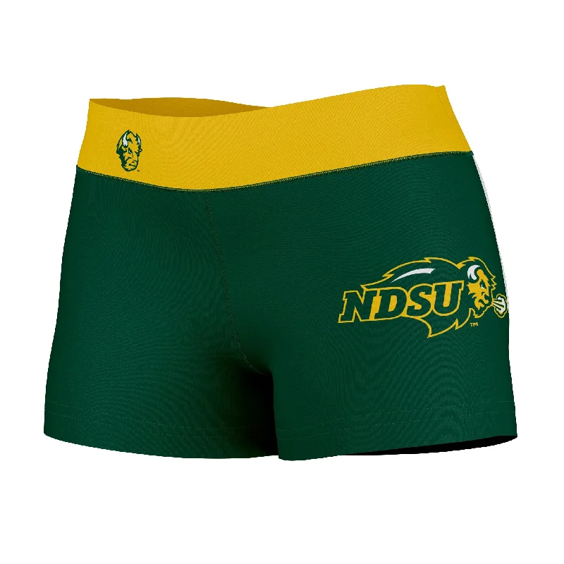 North Dakota Bison Logo on Thigh & Waistband Green Gold Womens Yoga Booty Workout Shorts by Vive La Fete