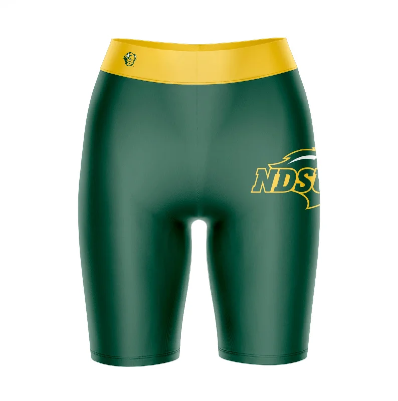 North Dakota Bison Game Day Logo on Thigh and Waistband Green and Gold Womens Bike Shorts by Vive La Fete