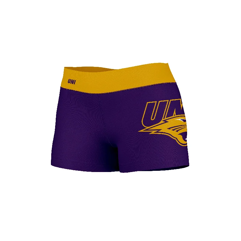 Northern Iowa Panthers Logo on Thigh & Waistband Purple Gold Womens Yoga Booty Workout Shorts by Vive La Fete