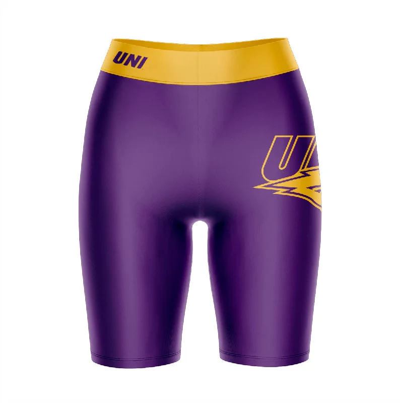 Northern Iowa Panthers Game Day Logo on Thigh and Waistband Purple and Gold Womens Bike Shorts by Vive La Fete