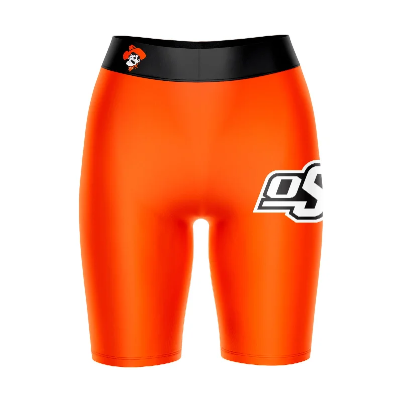 OSU Cowboys Game Day Logo on Thigh and Waistband Orange and Black Womens Bike Shorts by Vive La Fete