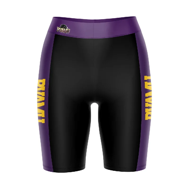 Prairie View A&M Panthers Game Day Logo on Waistband and Purple Stripes Black Womens Bike Shorts by Vive La Fete