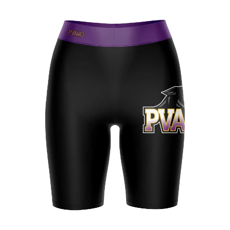 Prairie View A&M Panthers PVAMU Logo on Thigh and Waistband Black and Purple Womens Bike Shorts by Vive La Fete