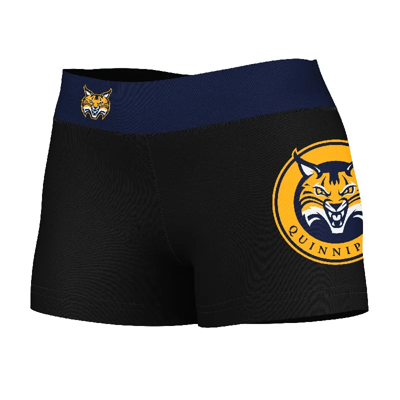 Quinnipiac Bobcats Logo on Thigh & Waistband Black & Navy Womens Yoga Booty Workout Shorts by Vive La Fete