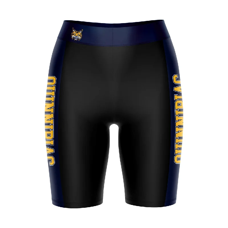 Quinnipiac Bobcats Game Day Logo on Waistband and Navy Stripes Black Womens Bike Shorts by Vive La Fete