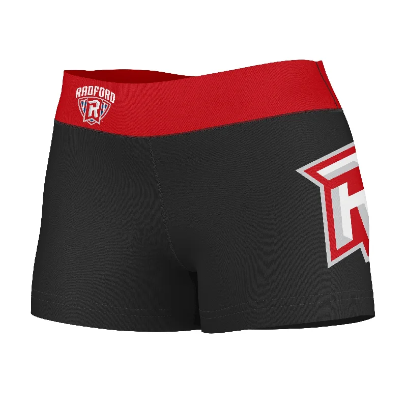 Radford Highlanders Logo on Thigh & Waistband Black & Red Womens Yoga Booty Workout Shorts by Vive La Fete