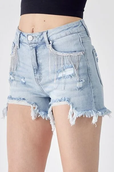 Deal Dash RISEN Frayed Hem Denim Shorts with Fringe Detail Pockets
