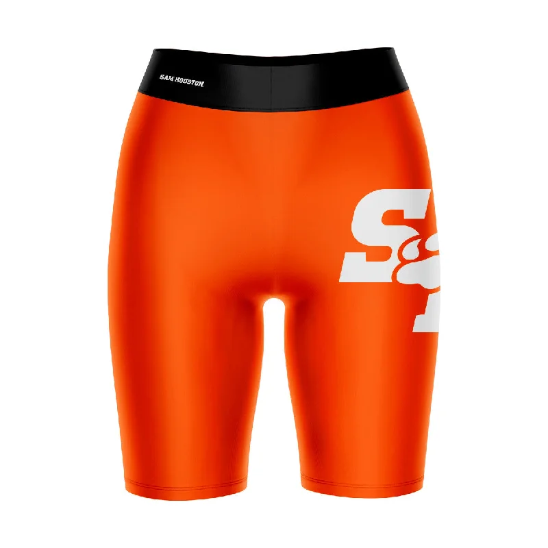 Sam Houston Bearkats Game Day Logo on Thigh and Waistband Orange and Black Womens Bike Shorts by Vive La Fete