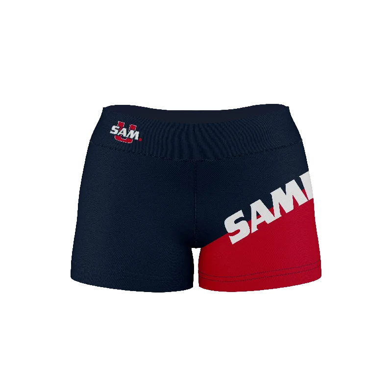 Samford Bulldogs Game Day Collegiate Leg Color Block Navy Red Optimum Womens Yoga Shorts by Vive La Fete