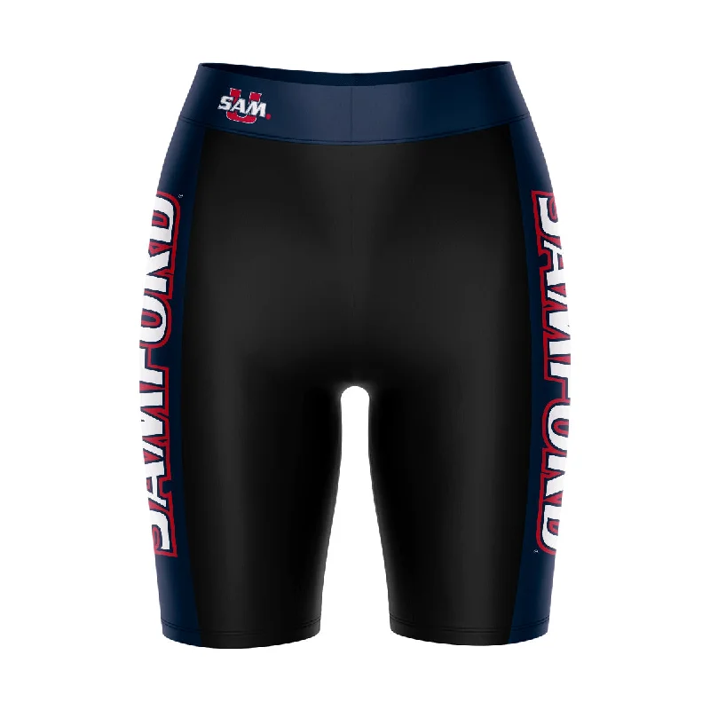 Samford Bulldogs Game Day Logo on Waistband and Navy Stripes Black Womens Bike Shorts by Vive La Fete