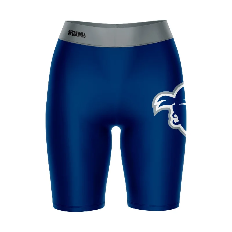 Seton Hall Pirates Game Day Logo on Thigh and Waistband Blue and Gray Womens Bike Shorts by Vive La Fete