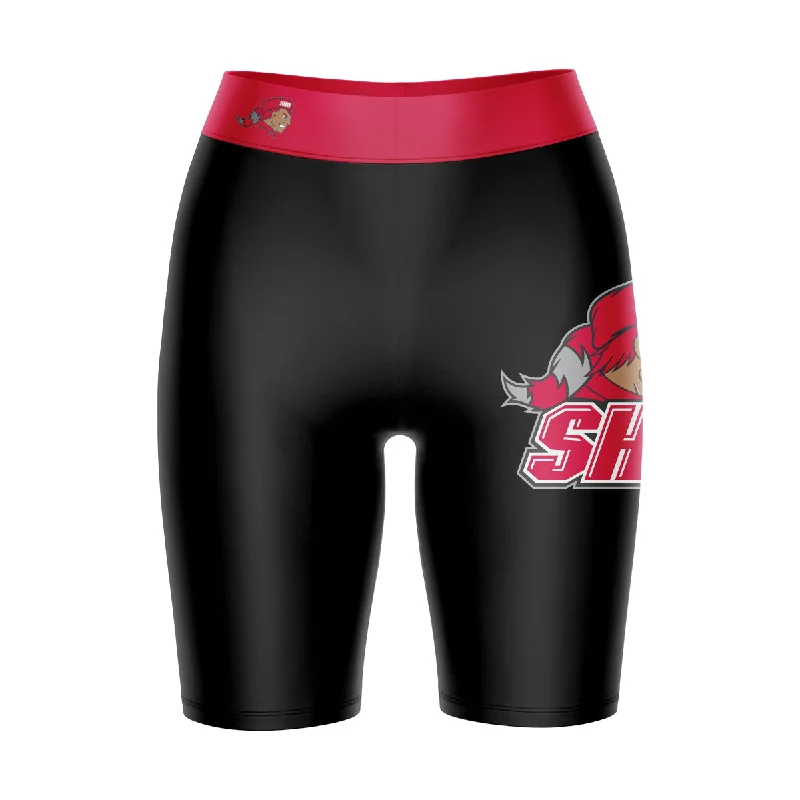 SHU Sacred Heart Pioneers Game Day Logo on Thigh & Waistband Black and Red Womens Bike Shorts by Vive La Fete