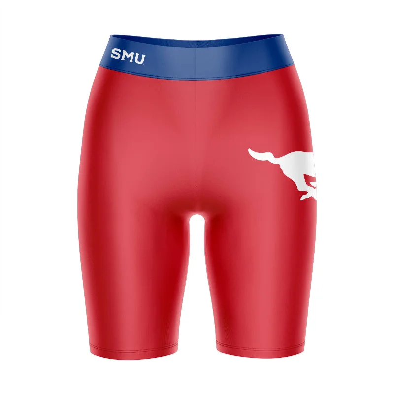 SMU Mustangs Game Day Logo on Thigh and Waistband Red and Blue Womens Bike Shorts by Vive La Fete