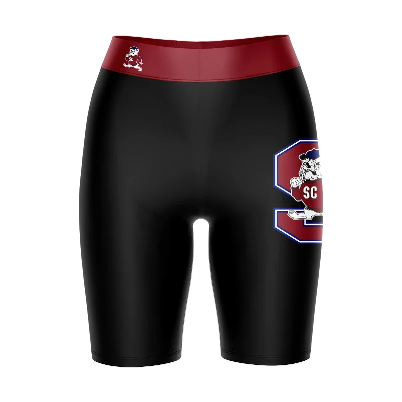 South Carolina State Bulldogs Game Day Logo on Thigh and Waistband Black and Red Womens Bike Shorts by Vive La Fete