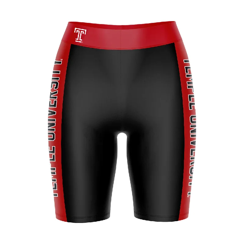 Temple University Owls TU Game Day Logo on Waistband and Red Stripes Black Womens Bike Shorts by Vive La Fete