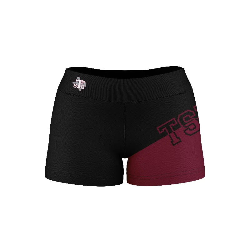 Texas Southern University Tigers Game Day Collegiate Leg Color Block Black Maroon Optimum Womens Yoga Shorts by Vive La Fete