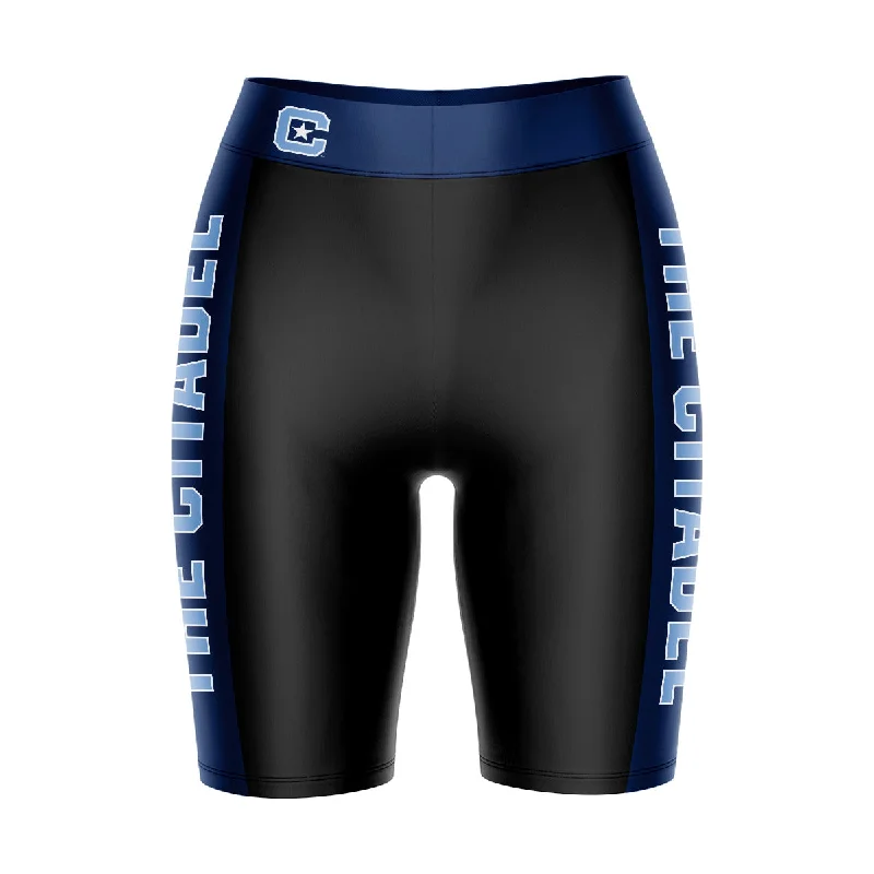 The Citadel Bulldogs Game Day Logo on Waistband and Blue Stripes Black Womens Bike Shorts by Vive La Fete