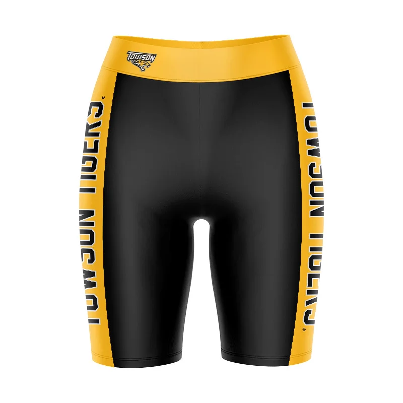 Towson University Tigers Game Day Logo on Waistband and Gold Stripes Black Womens Bike Shorts by Vive La Fete