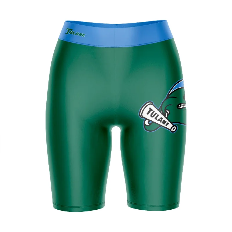 Tulane Green Wave Game Day Logo on Thigh and Waistband Green and Blue Womens Bike Shorts by Vive La Fete