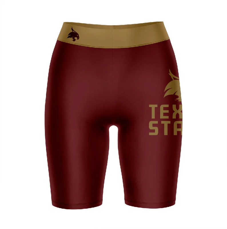 TXST Texas State Bobcats Game Day Logo on Thigh and Waistband Maroon and Gold Womens Bike Shorts by Vive La Fete