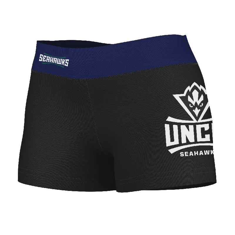 UNC Wilmington Seahawks UNCW Logo on Thigh & Waistband Black & Blue Womens Yoga Booty Workout Shorts by Vive La Fete