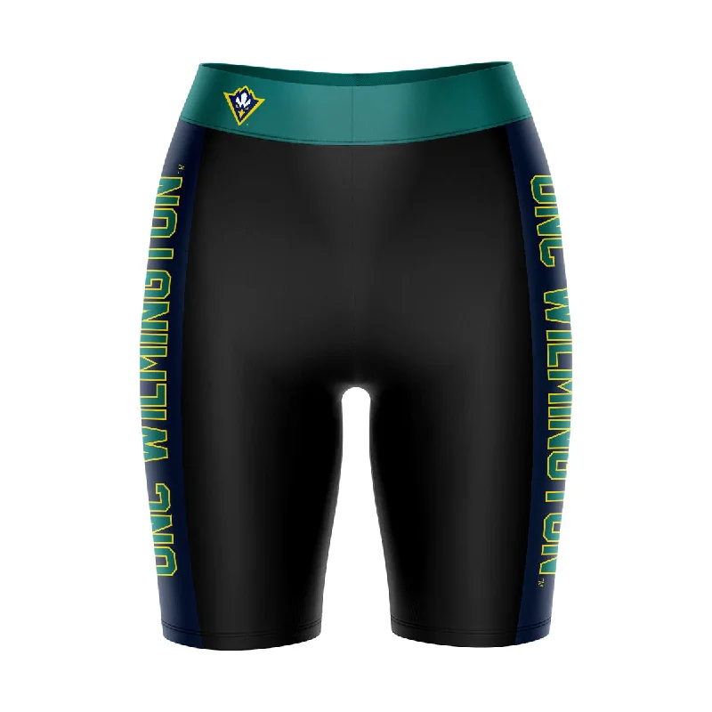 UNC Wilmington Seahawks UNCW Game Day Logo on Waistband and Blue Stripes Black Womens Bike Shorts by Vive La Fete