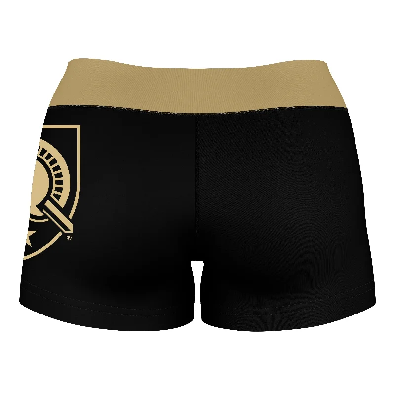 US Military ARMY Black Knights Logo on Thigh & Waistband Black & Gold Womens Yoga Booty Workout Shorts by Vive La Fete