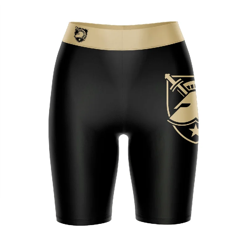 US Military Army Black Knights Game Day Logo on Thigh and Waistband Black & Gold Womens Bike Shorts by Vive La Fete