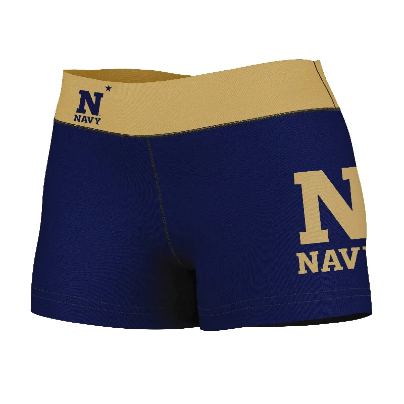 US Naval Academy Midshipmen Logo on Thigh & Waistband Navy Gold Womens Yoga Booty Workout Shorts by Vive La Fete